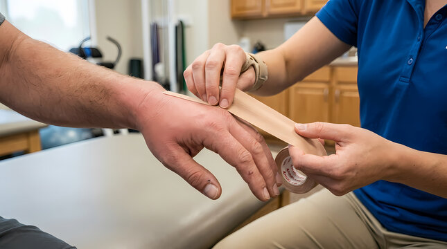 A professional medical therapist applies athletic supportive wrap on the hand of an injured patient during recovery therapy sessions in a clinical setting to provide stability and help healing