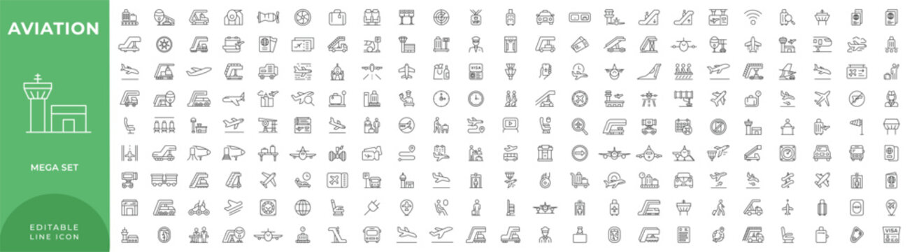 Airport icon set in linear style. Collection of Aviation, flight line icons, including plane, airplane, flight, airline, boarding pass, tickets, baggage, seat, traveler. Editable stroke