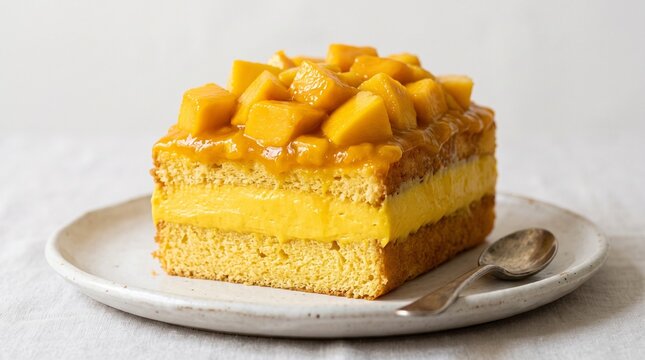 Mango cake slice sits on a transparent background ceramic plate alongside a small silver spoon on the table.