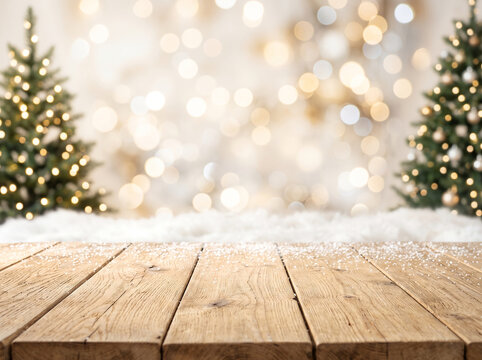 empty rustic wooden table with snow and blurred christmas tree with golden bokeh lights background for holiday product display and festive mockup sets