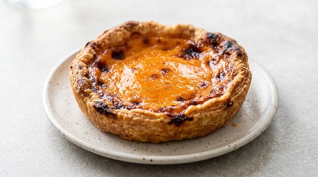 Egg custard tart sits on a light ceramic plate with a textured surface background.