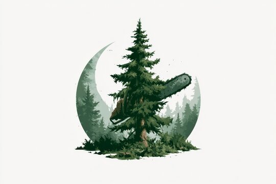 Trees and chainsaw in a forest with a large moon in the background during nighttime