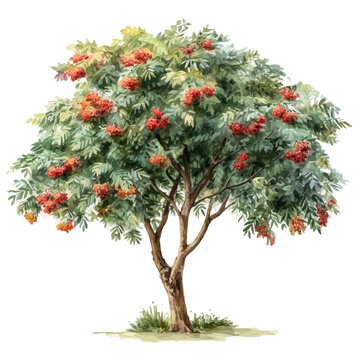 Rowan Tree, watercolor painting vector, isolated on a white background.