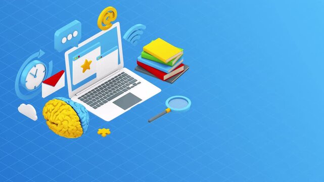 Digital learning and online education concept with laptop and study tools.