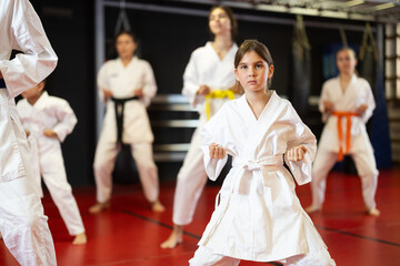 Group of children and teenagers practicing karate technique in gym © JackF