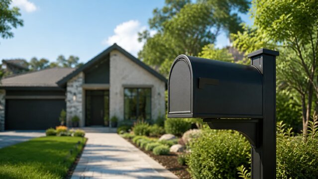Black mailbox by the side of the path leading to modern house.