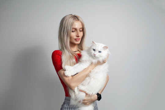 Young blonde girl with fluffy white cat in hands isolated on grey background.