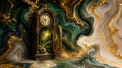 Fototapeta premium Ornate antique grandfather clock with an open door revealing a luminous forest pathway, set against swirling emerald green and gold liquid marble textures with gilded flecks