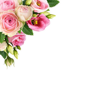 Small pink roses and eustoma flowers in a corner floral arrangement isolated on white or transparent background