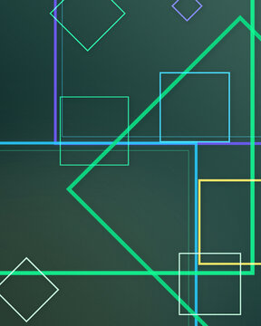 Neon cyan, green, purple, and yellow outlines intersect across a dark teal field, creating a sleek futuristic composition suited to digital interfaces, presentations, and creative layouts.
