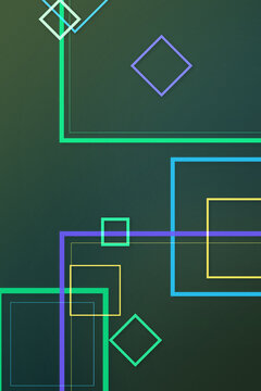 A luminous arrangement of overlapping square and diamond outlines creates a sleek, futuristic composition in vivid tones on a deep green background, ideal for digital banners and modern branding.