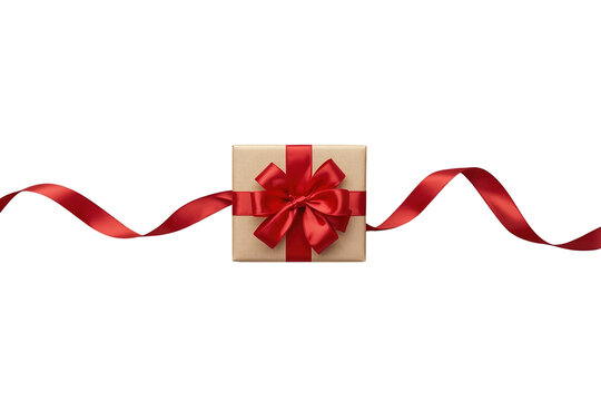 Cream gift box with red satin bow and flowing ribbon