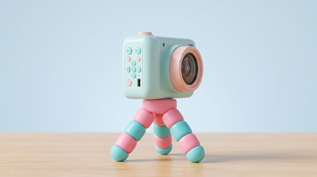 Toy camera model sitting on a pink and blue flexible mini tripod placed on a smooth wooden tabletop.