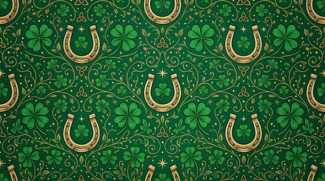Traditional Good Luck Pattern Featuring Lucky Horseshoes And Four Leaf CloversAgainst A Rich Emerald Backdrop Background pattern seamless horseshoe clover shamrock luck lucky good luck green