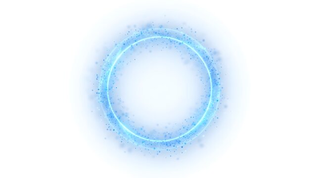 Glowing luminous blue circle made of light rings and sparkling particles, futuristic energy portal or magic frame.