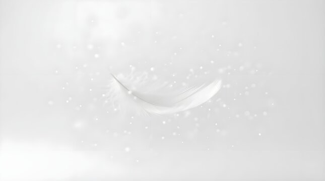 Gracefully curved white feather floating against soft pale background with subtle snow-like texture. Elegant natural form, light and airy. Minimalist design symbolizing gentleness and freedom.