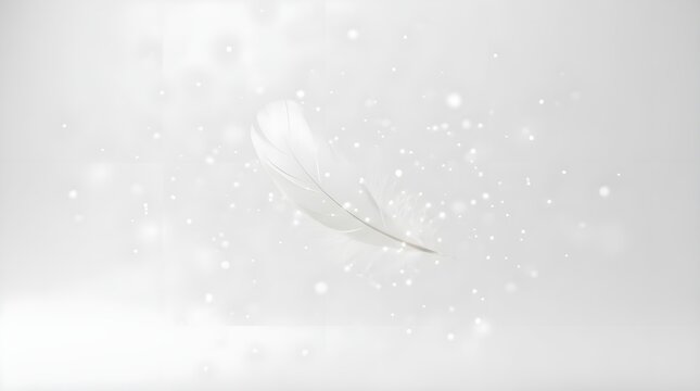 Fine white feather floating amidst tiny snow-like specks on soft light background. Delicate, wintry, and ethereal visual. Minimal design conveying lightness, stillness, and quiet beauty.