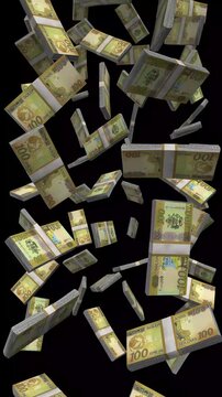 Vertical Solomon Islands Money, Falling Solomon Islands Dollar Bills Black Background, Premium Oceania Honiara Finance Cash Stacks, 4K