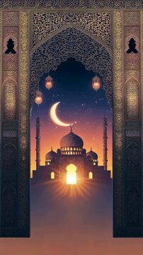 Mosque silhouette with glowing lights and a crescent moon viewed through a traditional decorative archway. Religious celebration background for Islamic holiday. Vertical video