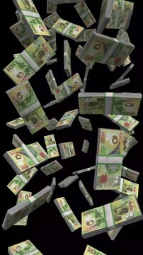 Vertical Papua New Guinea Money, Falling Papua New Guinean Kina Bills Black Background, Premium Oceania Port Moresby Finance Cash Stacks, 4K