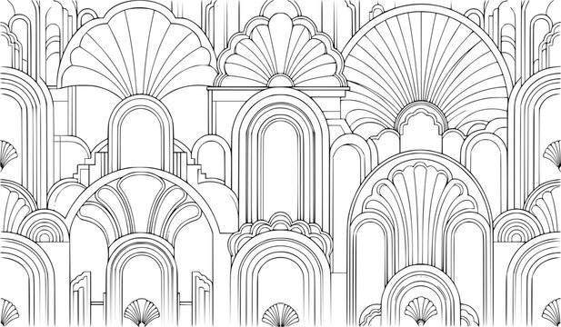 Art Deco Seamless Pattern - Vintage 1920s Geometric Arch and Shell Black and White Line Art Background