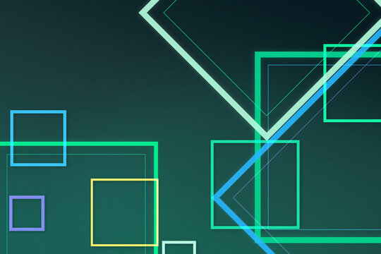 A sleek arrangement of glowing outlined squares and diagonal lines creates a futuristic digital composition, offering vibrant contrast and generous negative space for websites and presentations.