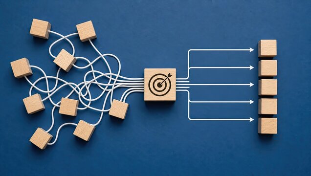 Simplifying complex operations: numerous wooden blocks connect via tangled strings to a central target, then branch out to organized blocks on blue.