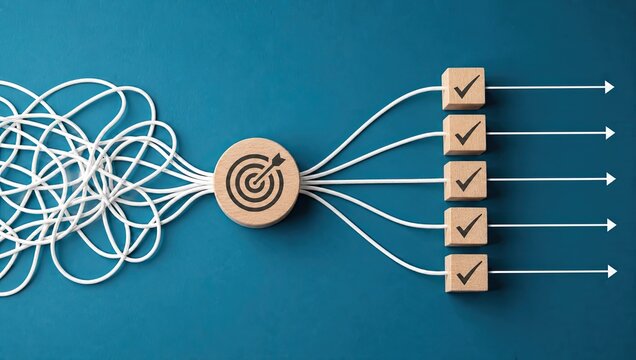 Untangling process optimization: white tangled strings resolve into a clear path with a central target and five completed checklist blocks on blue.