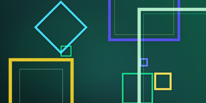 Overlapping outlined squares and rectangles create a sleek, luminous composition in teal, cyan, yellow, purple, and mint, ideal for technology, branding, and creative layouts.