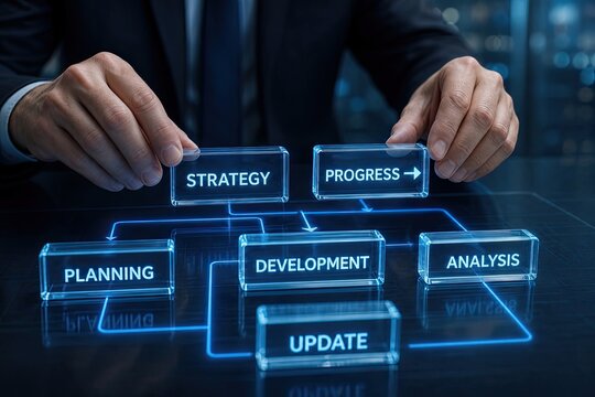 Business hands arranging glass blocks with project management terminology for corporate strategic planning and workflow development process within professional team.