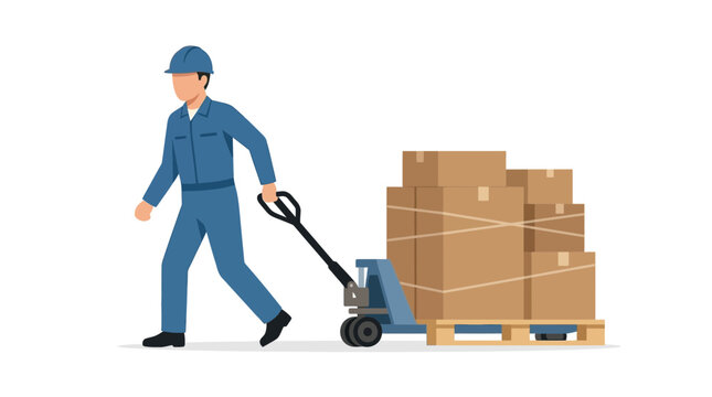 Worker pushing pallet jack with stacked boxes