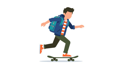 Fototapeta premium Young boy with backpack rides a skateboard