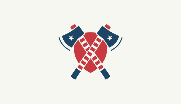 Crossed firefighter axes on a red shield with patriotic stars and stripes design elements on a light background.