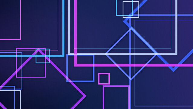 Vivid intersecting outlines form squares, rectangles, and diamonds in luminous blue, violet, and magenta tones, creating a sleek futuristic backdrop for websites, presentations, and branding.