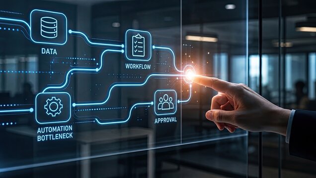 Businessman finger touching glowing interactive process workflow screen to optimize automation bottleneck and approve data tasks on glass interface dashboard.