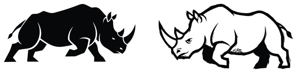 Two rhinoceros silhouette in black and white showing one solid black rhino and one outlined white rhino walking forward on a plain white background © jarif69