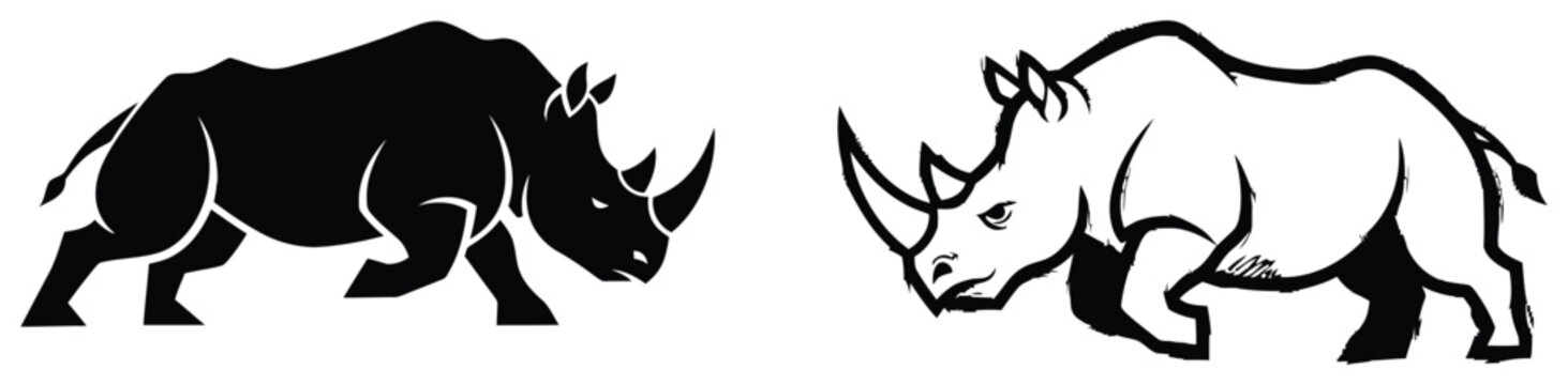 Two rhinoceros silhouette in black and white showing one solid black rhino and one outlined white rhino walking forward on a plain white background