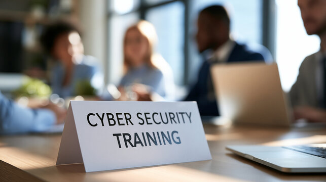 White tent card on a table clearly indicating a mandatory cyber security training session close up composition with a softly defocused bright office background natural daylight