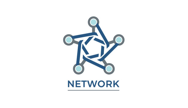 Dynamic blue network logo forming a geometric pentagon shape with nodes representing global connection, technology, or data.
