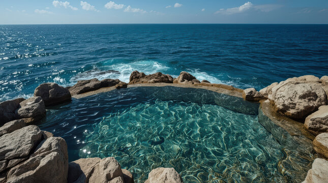 Natural infinity pool, clear water, ocean horizon and rock edge