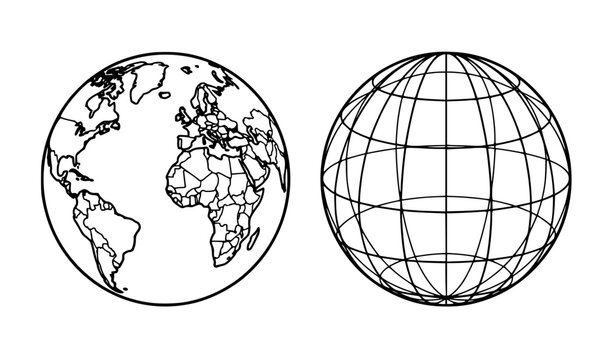 Modern Earth Globe World Map and Latitude Longitude Wireframe Vector Illustration
