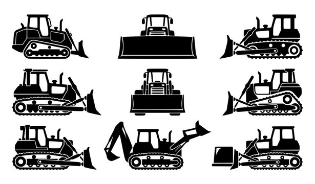 Heavy bulldozer black pictogram collection editable vector for construction equipment and web design