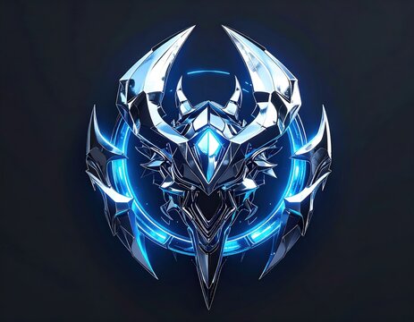 Futuristic metallic emblem glowing with cool blue energy