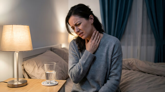 A woman sits on her bed in the evening suffering from a painful sore throat and touches her neck while feeling unwell inside her home because she needs medical care and recovery during the night