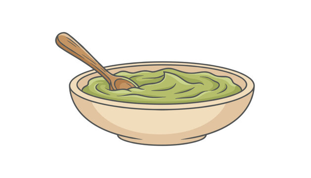 Tasty green guacamole dip served in a wooden bowl with a spoon, illustrated in a colorful hand-drawn cartoon style.
