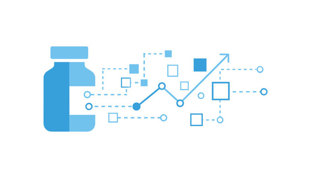 Pharmaceutical data concept showing a blue medicine bottle connected to a rising line graph with various network nodes.