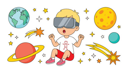 Cute Boy Wearing VR Headset Vector Element Set Exploring Space Universe with Planets Earth Saturn Stars and Comets for Children STEM Education Designs © MdEajdani