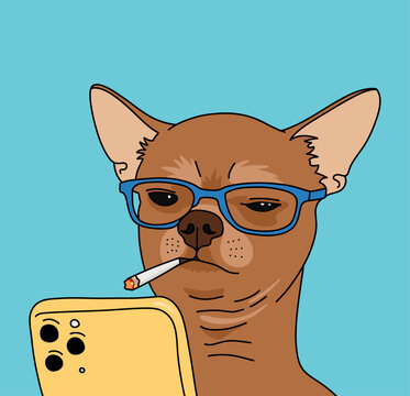 Vector Portrait Illustration of a Funny Dog with Glasses Holding a Smartphone against Light Blue Background