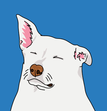 Portrait Vector Illustration of a White Dog with Sleepy Face, Ear Up and Closed Eyes, Isolated on Blue background