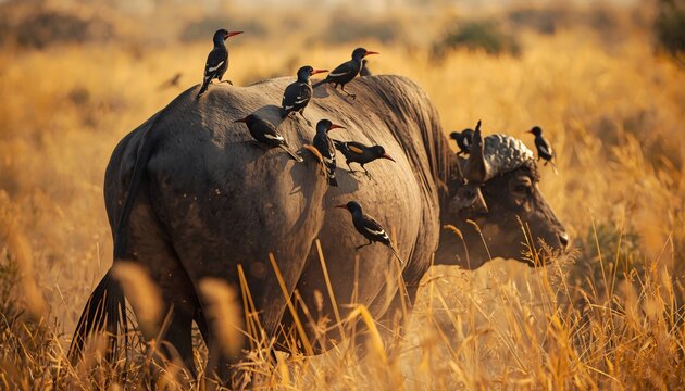 Oxpecker Birds Foraging on African Buffalo in Natural Parasite Control Relationship